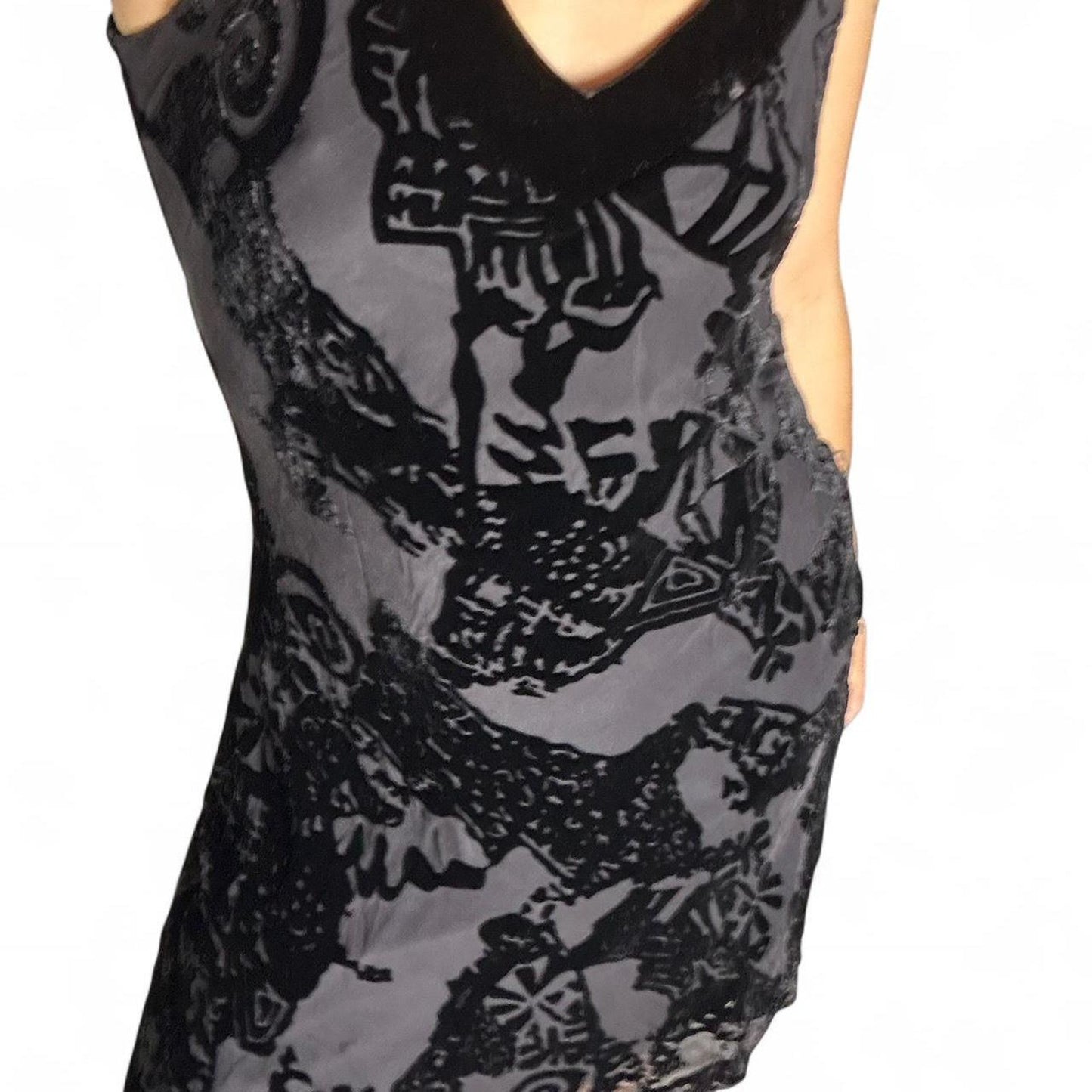 Black Silk Burnout Velvet Floral Dress - Vintage Gothic Formal Dress with Ruffle Trim