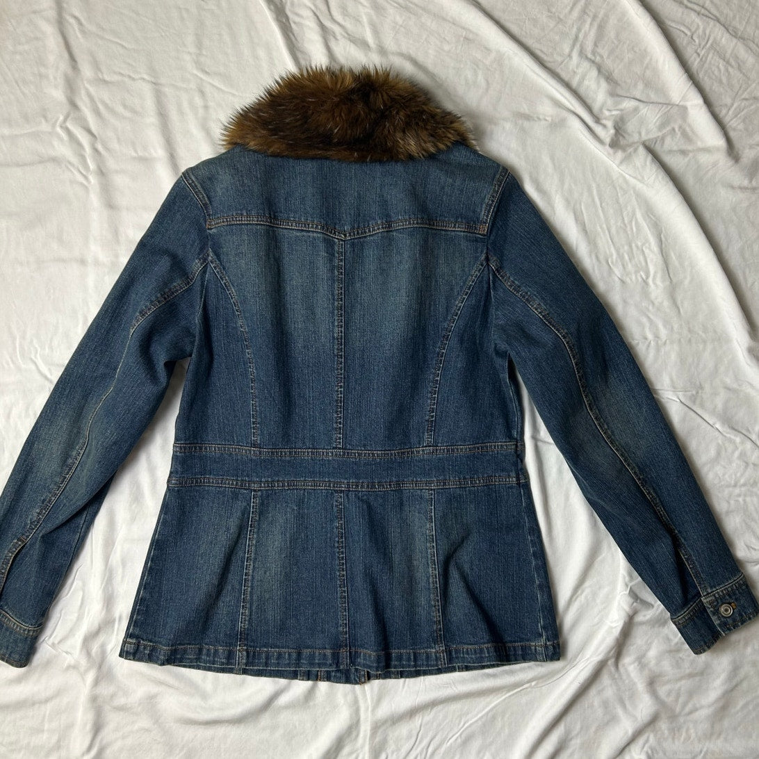 Style and co long denim jacket with detachable fur trim size m