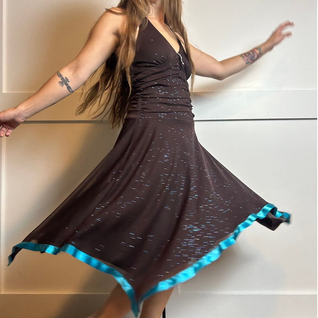 y2k fairy hem halter neck sparkly brown and blue dress