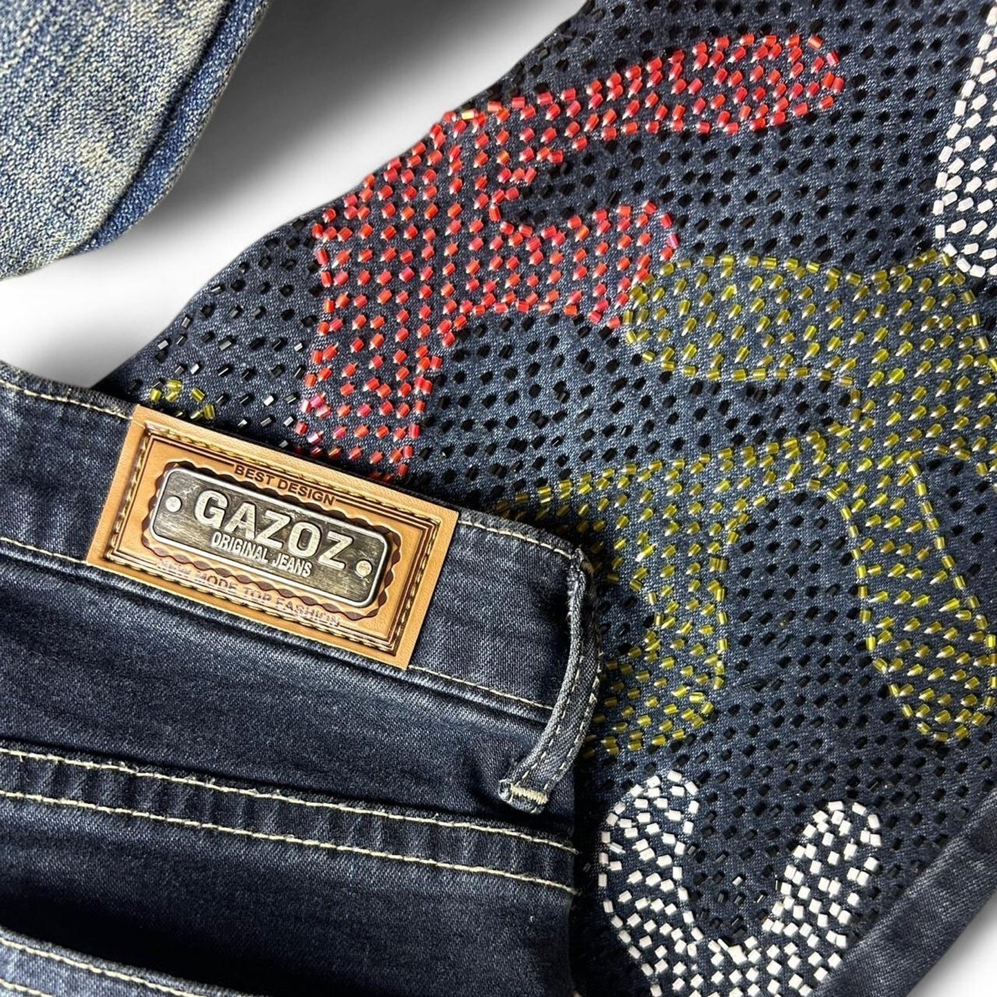 Gazoz Embellished Denim Jacket and Pants Set - Beaded Abstract Pattern 70s Vintage Style