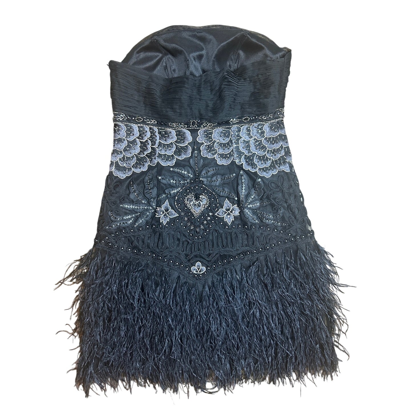 Sue Wong cocktail dress beaded silk ostrich, feather size medium