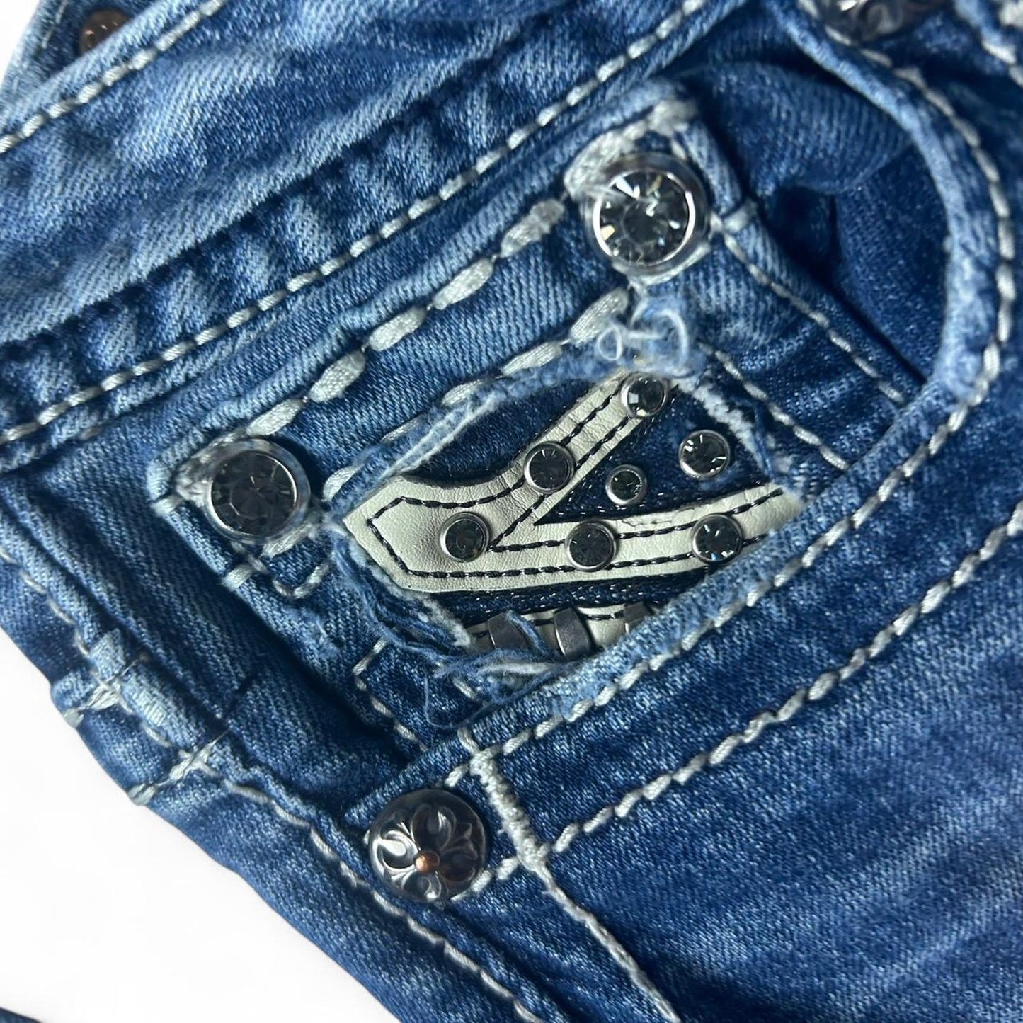 Miss me blue and white stitching