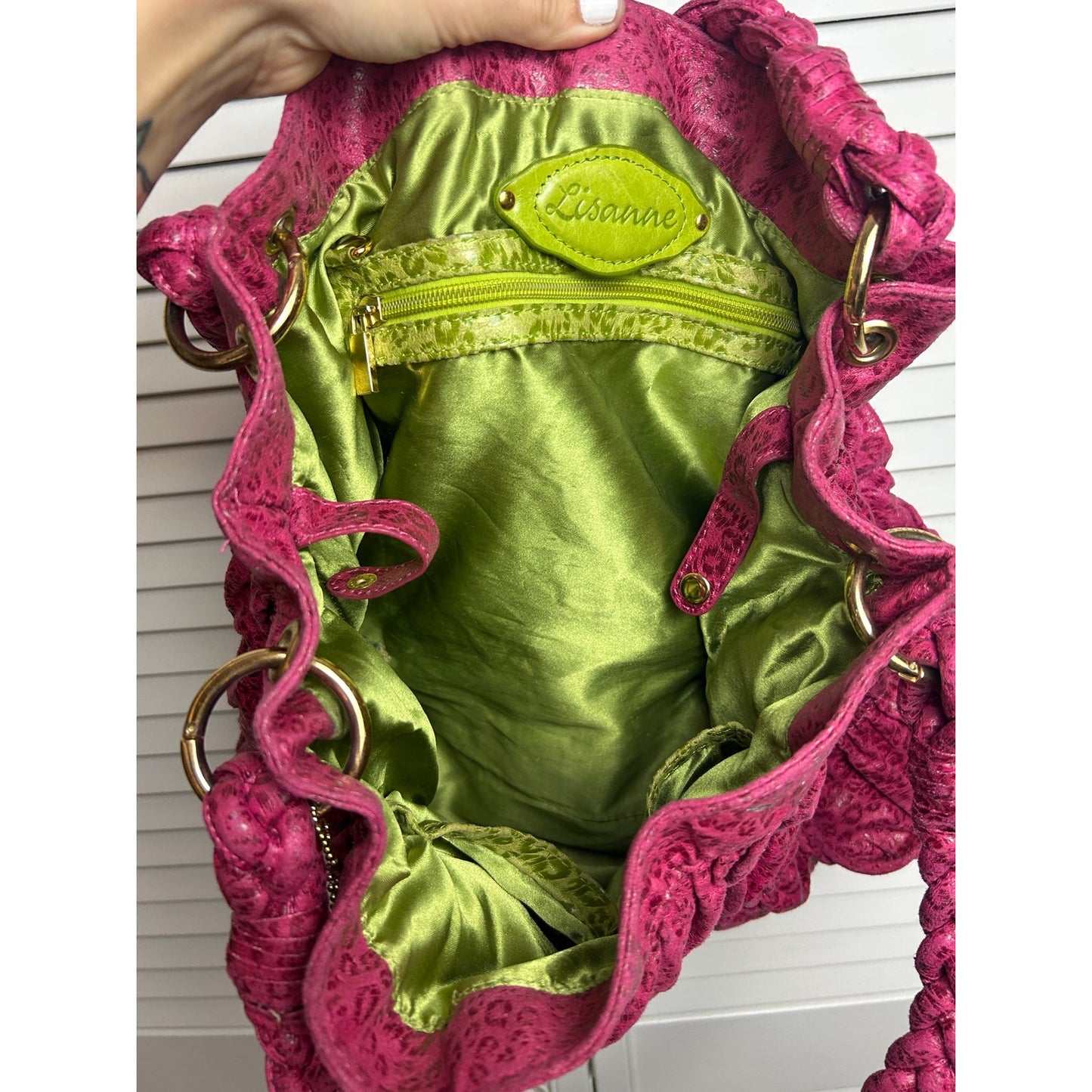Lissane Pink Leopard Hobo Bag Y2K Indie Sleaze Green Trim Shoulder Bag