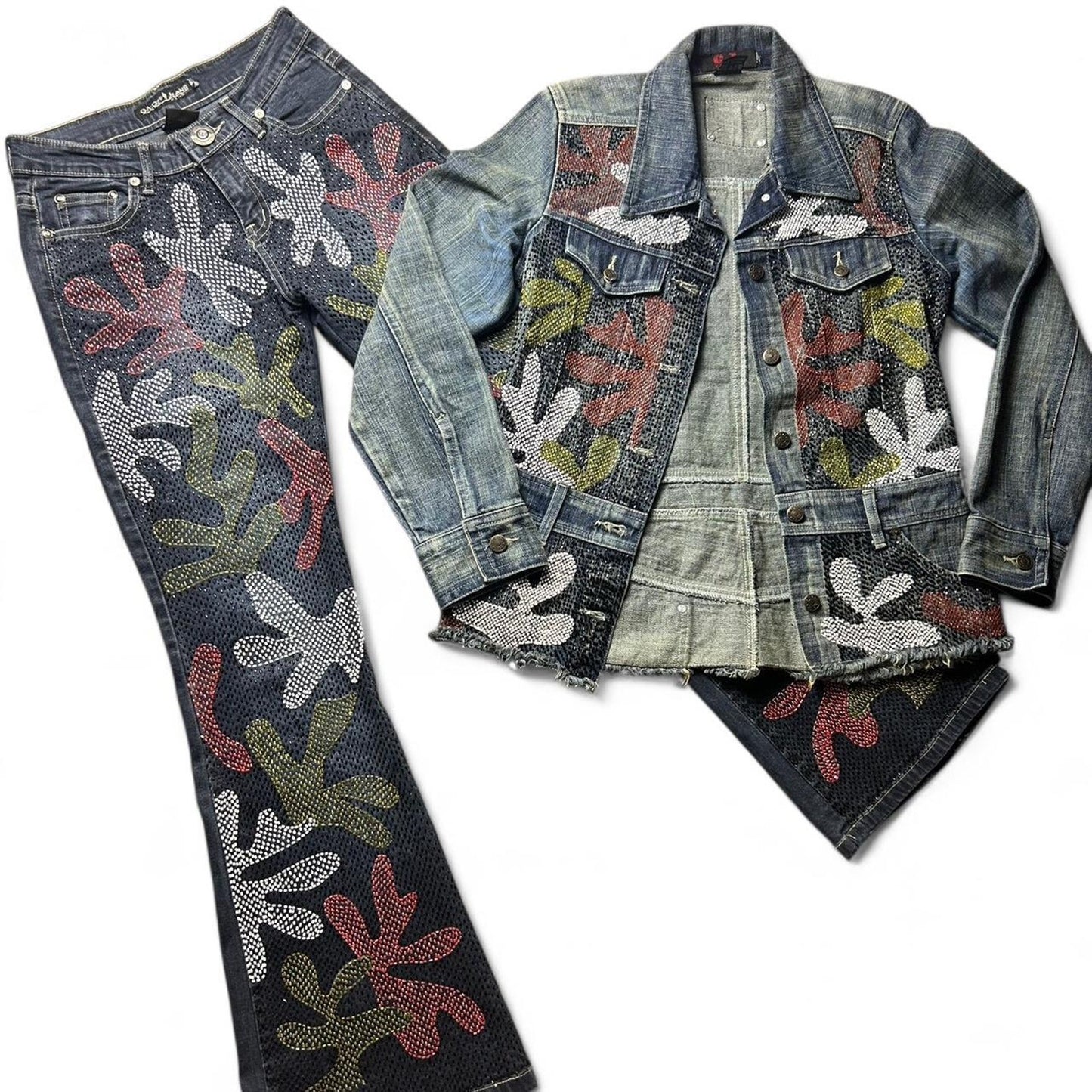 Gazoz Embellished Denim Jacket and Pants Set - Beaded Abstract Pattern 70s Vintage Style