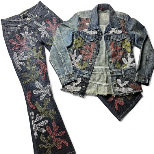 Gazoz Embellished Denim Jacket and Pants Set - Beaded Abstract Pattern 70s Vintage Style