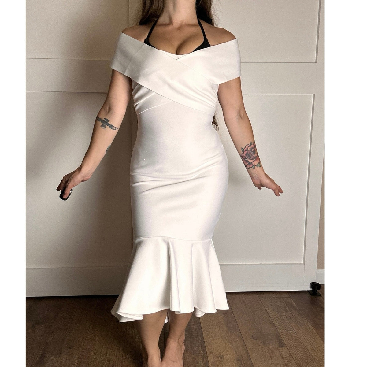 house of cb bodycon bandage off shoulder mermaid fit and flare dress white size medium