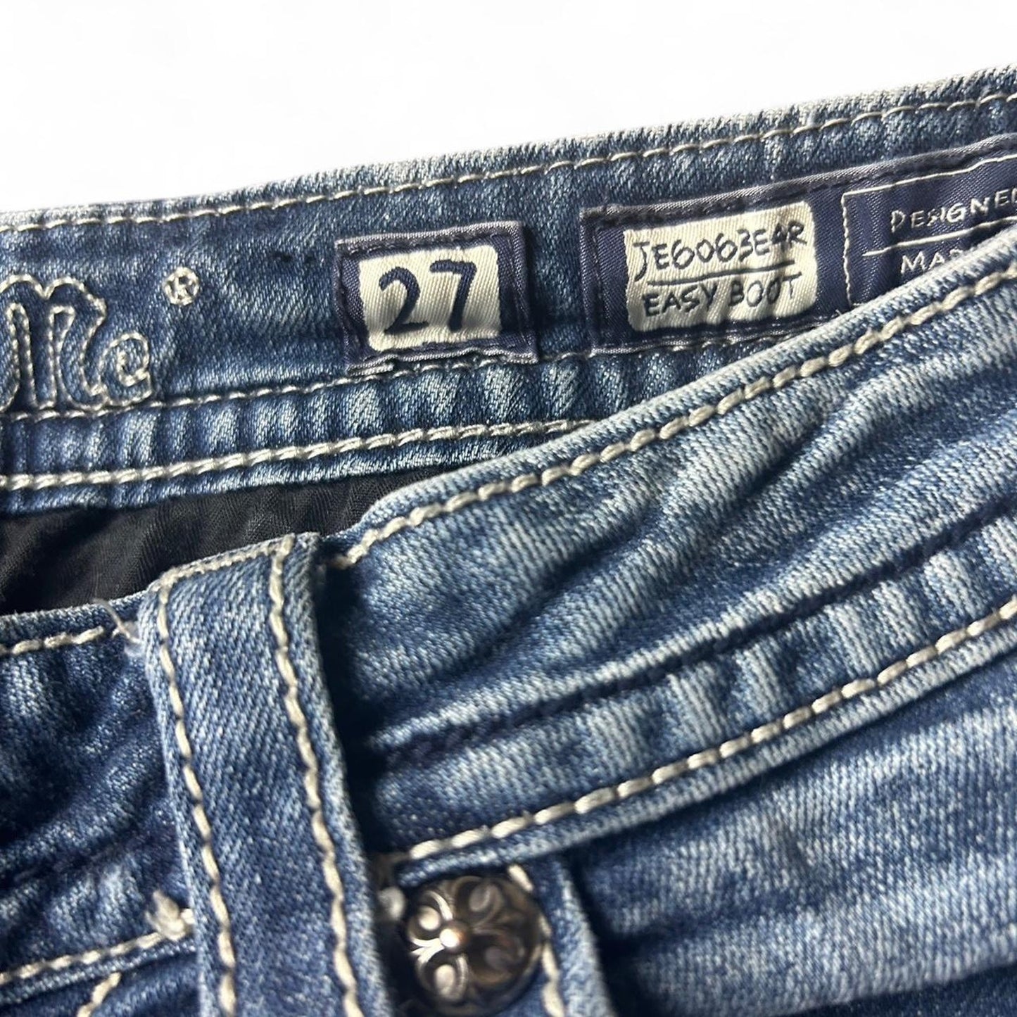 Miss me blue and white stitching