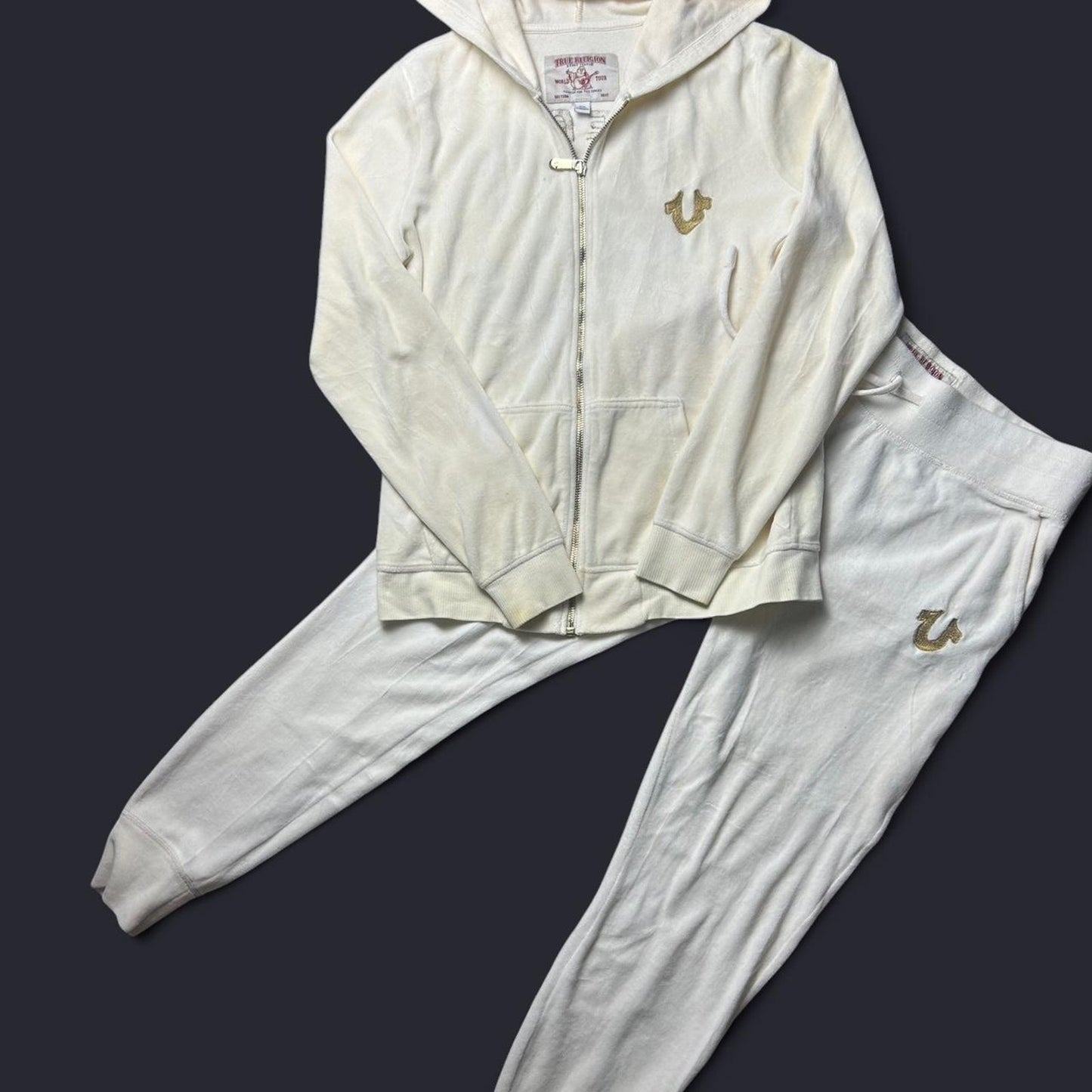 White true religion zip up velour tracksuit