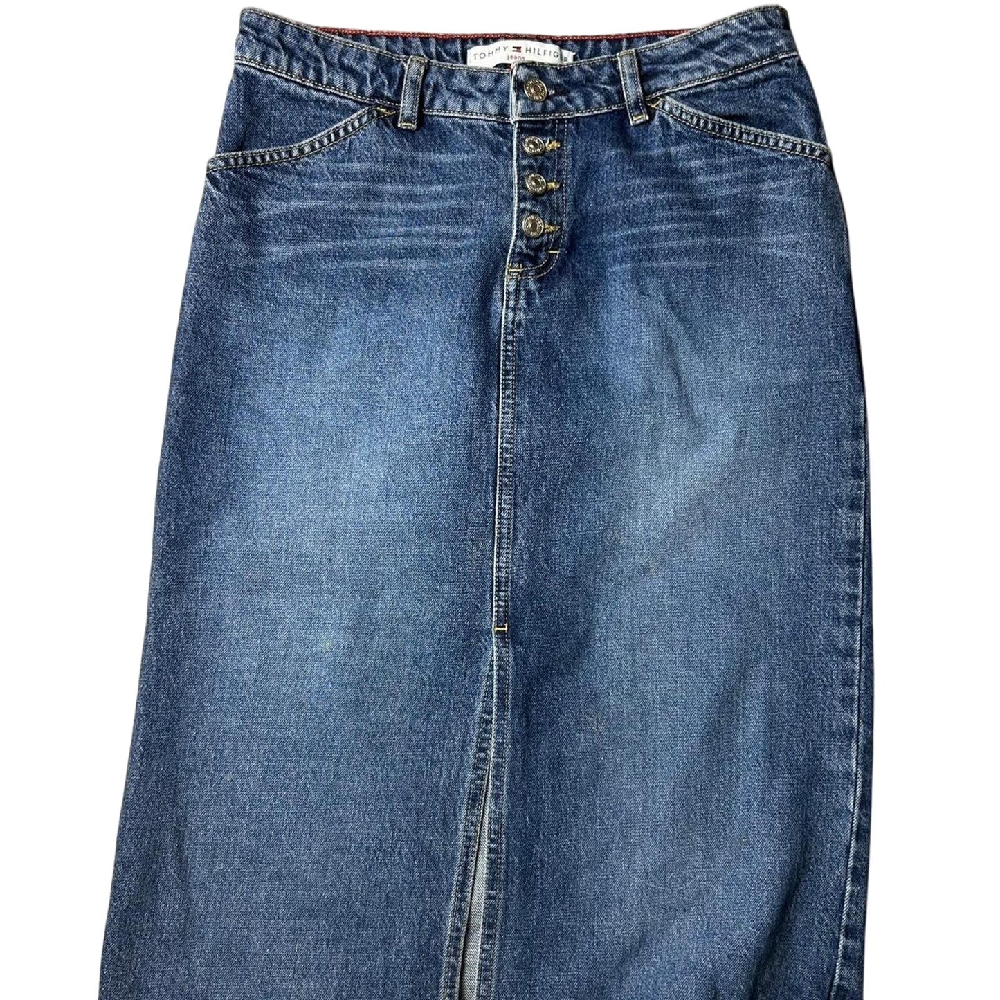 Tommy Hilfiger size 28x25 midi length faded stone wash denim skirt