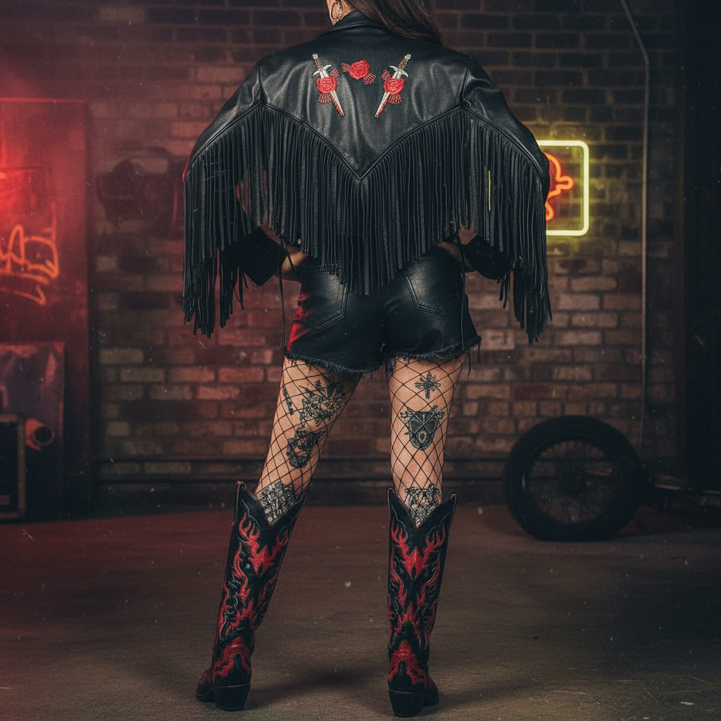 Black Leather Jacket with Red Rose Embroidery and Fringe - Vintage Harley Davidson Style