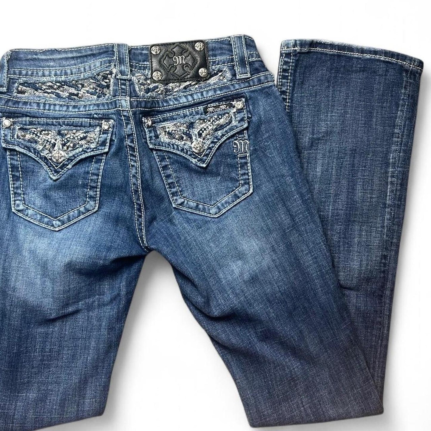 Miss me blue low rise bootcut embellished denim