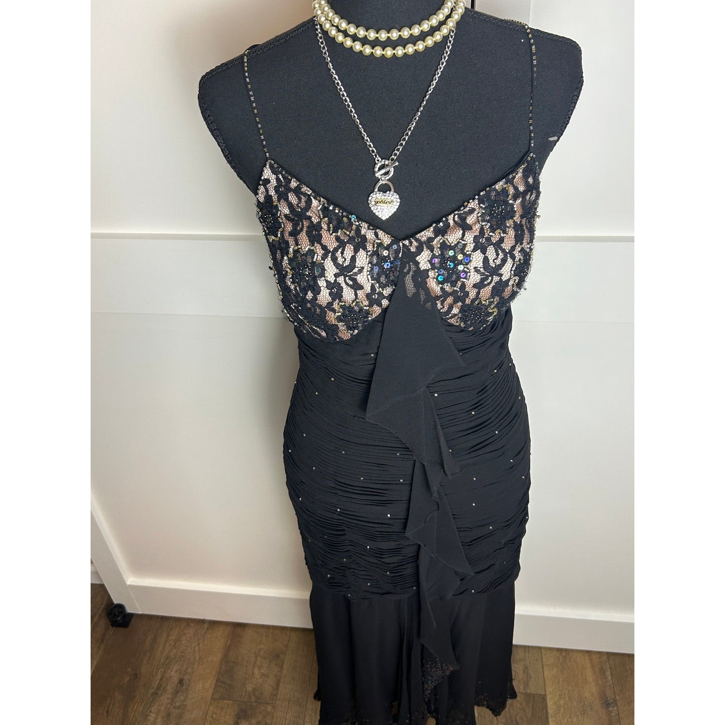 Deadstock Black Embellished Chiffon Fishtail Dress đź–¤ Coquette After Dark Tan Lining Gothic Glam