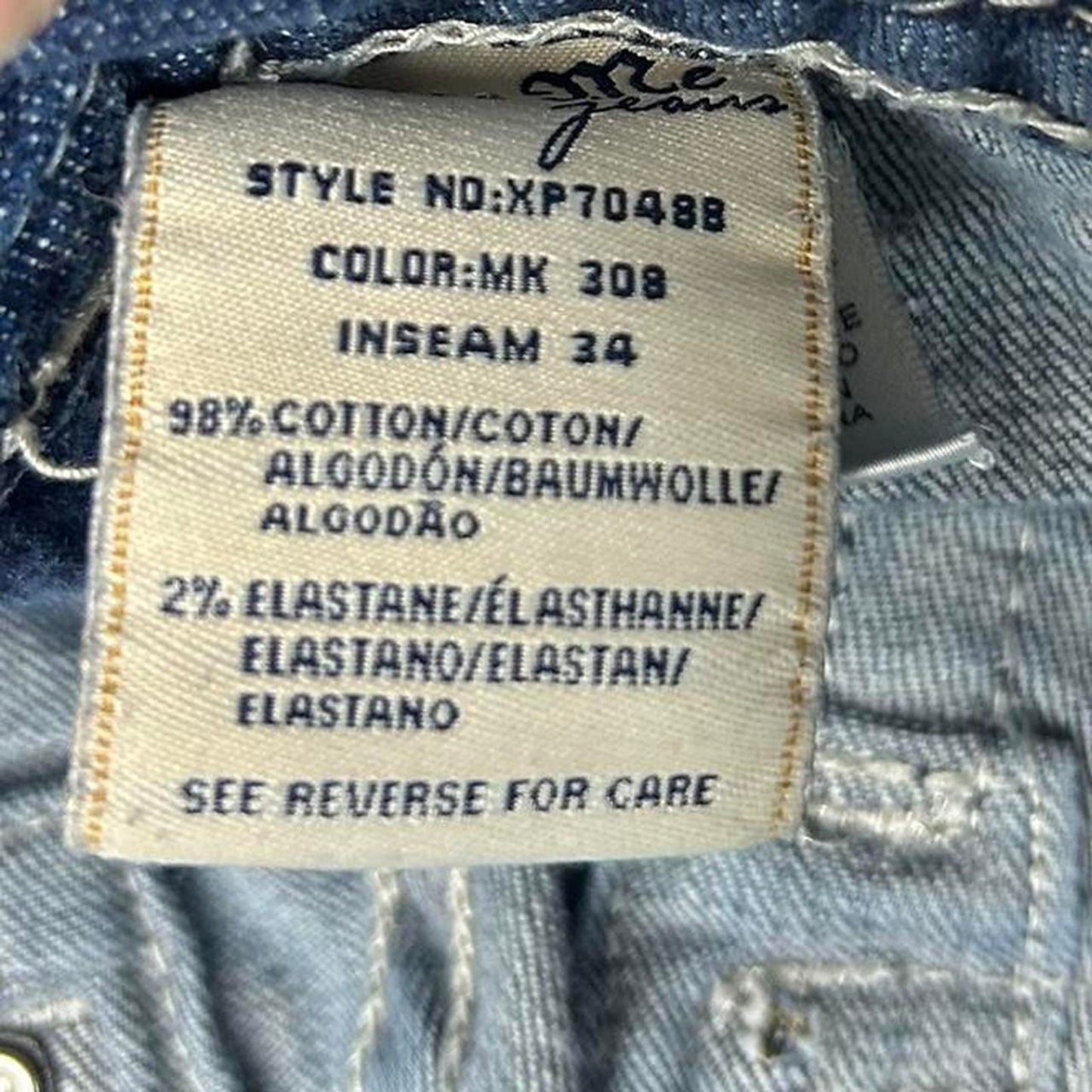 Jeans label with material information and care instructions on a denim background
