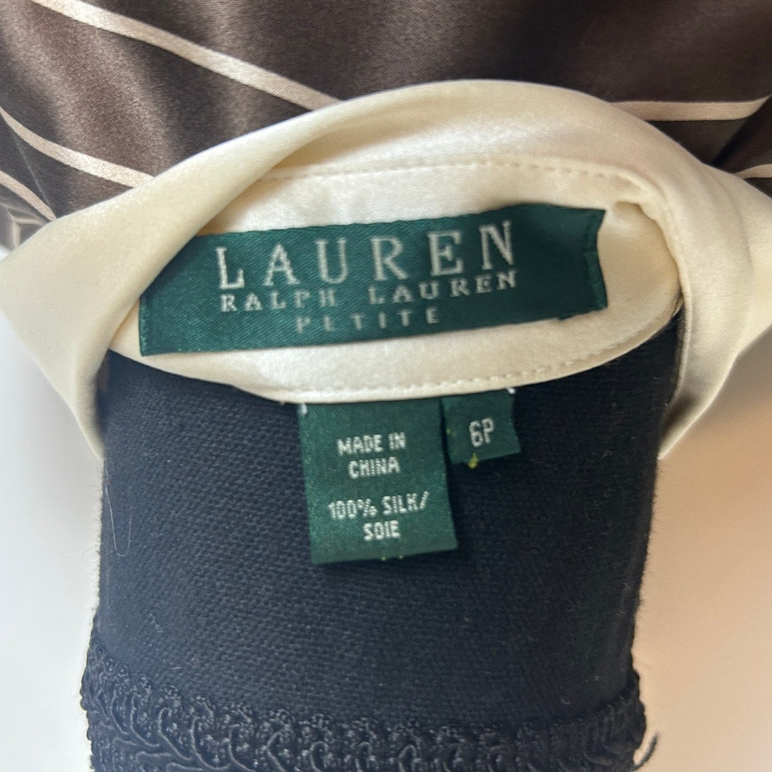 Lauren Ralph Lauren Silk Button Up Shirt 6P Brown Cream Stripe
