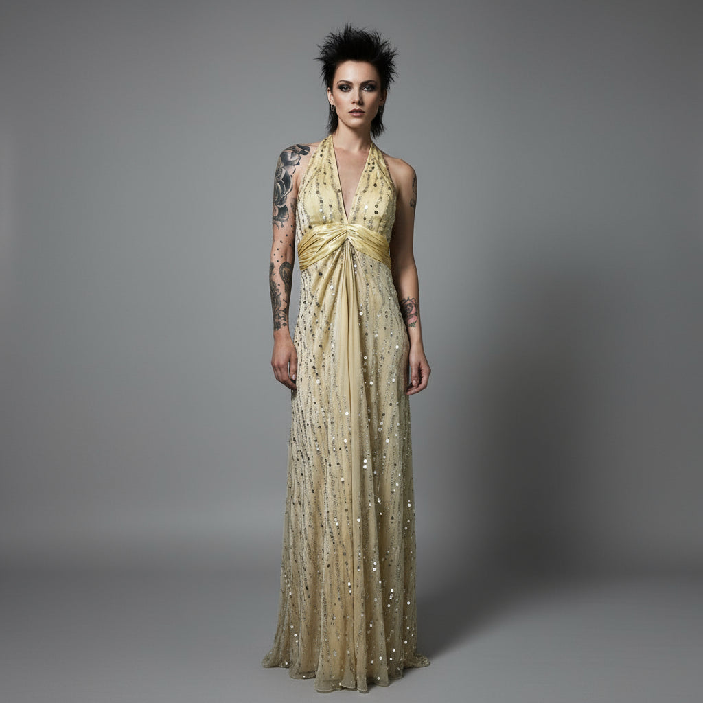 Gold sequin halter neck dress