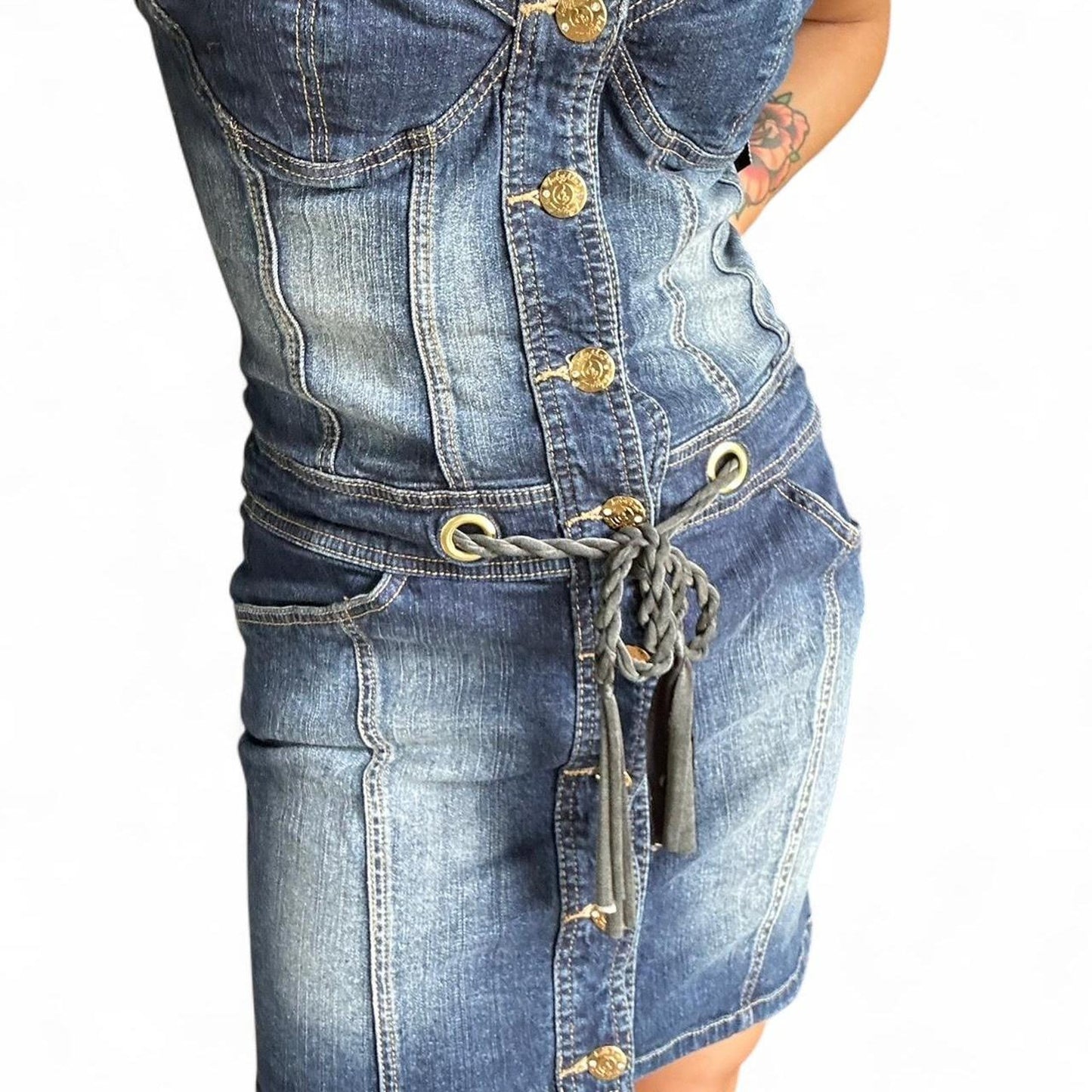 baby phat Denim dress with gold buttons and a tie waist on a white background