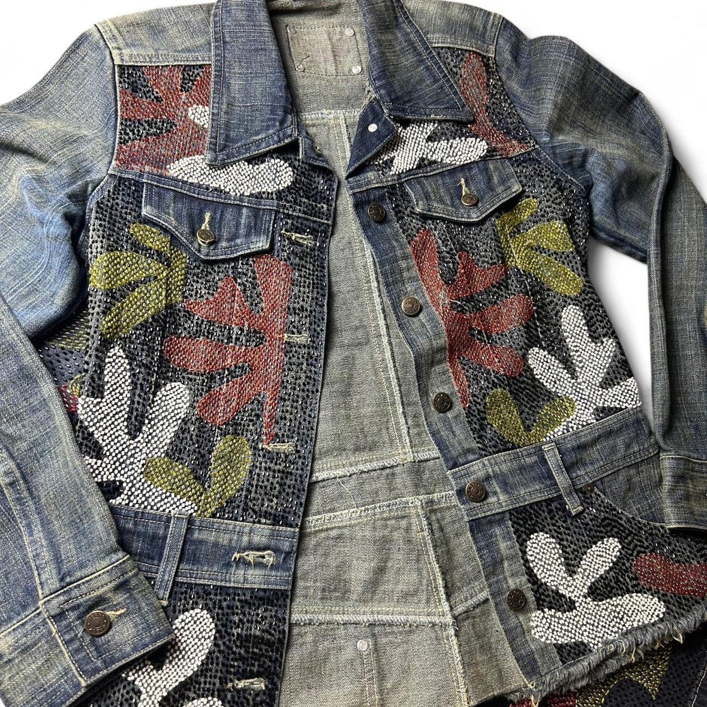 Gazoz Embellished Denim Jacket and Pants Set - Beaded Abstract Pattern 70s Vintage Style