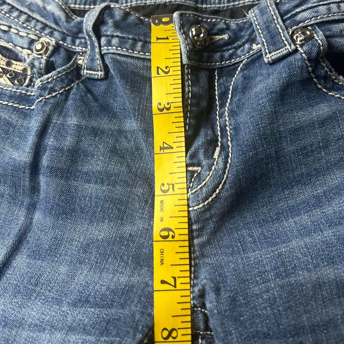 Miss me blue and white stitching