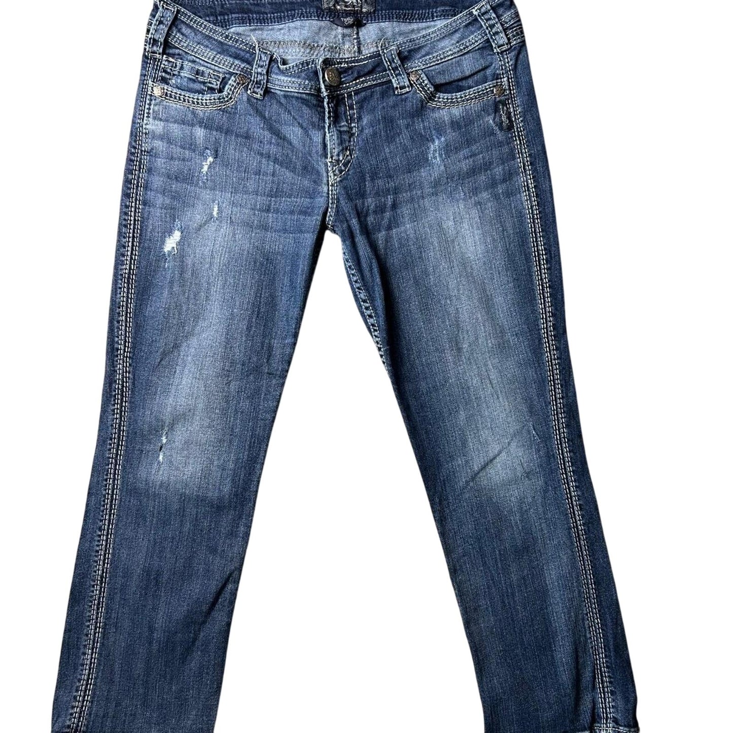 Silver size 32x26 Navy blue capri jeans with a distressed, faded look