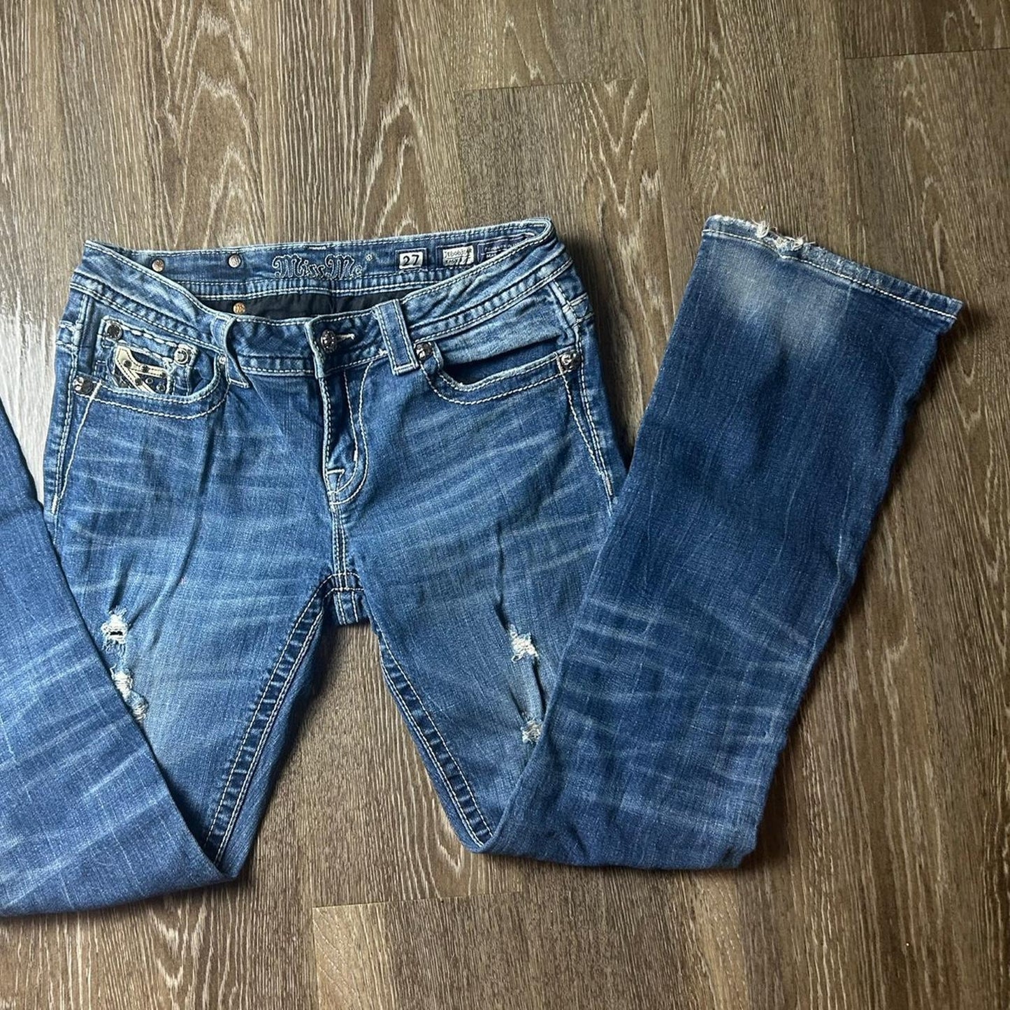 Miss me blue and white stitching