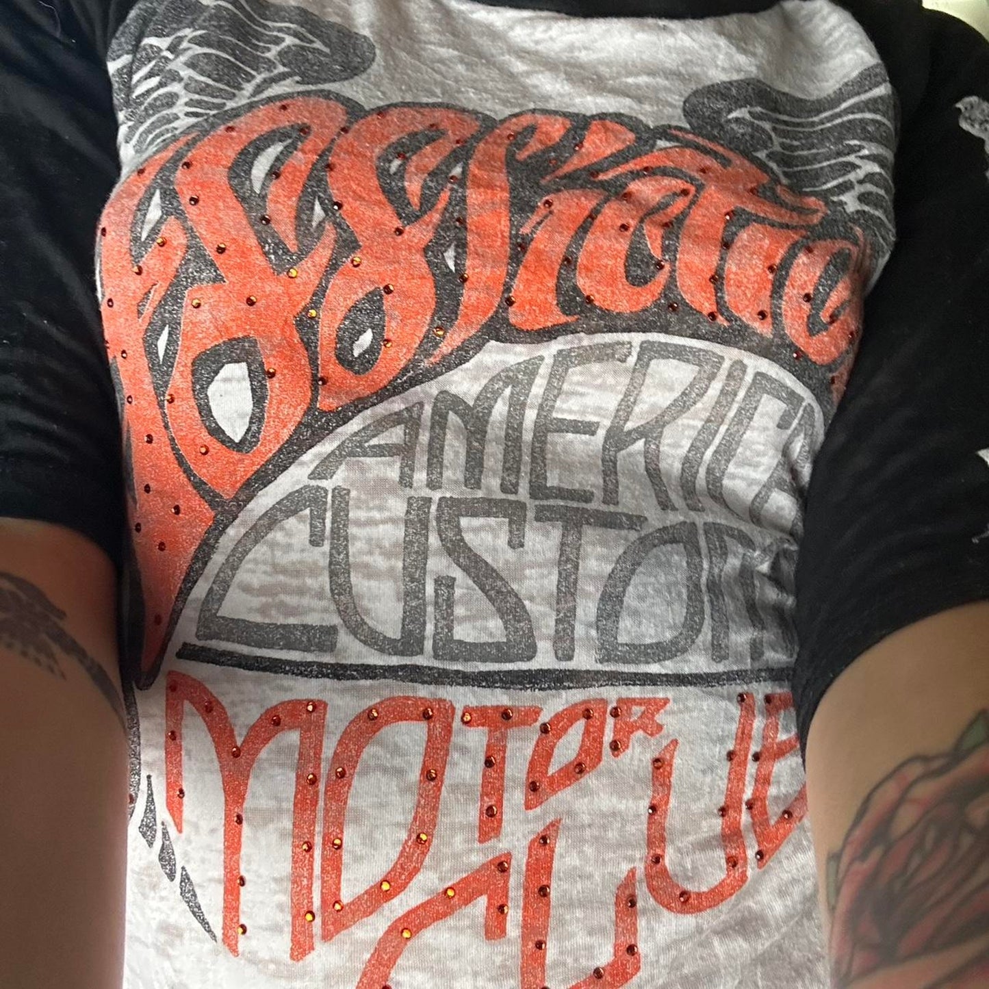 Grey and orange affliction raglan baseball tee