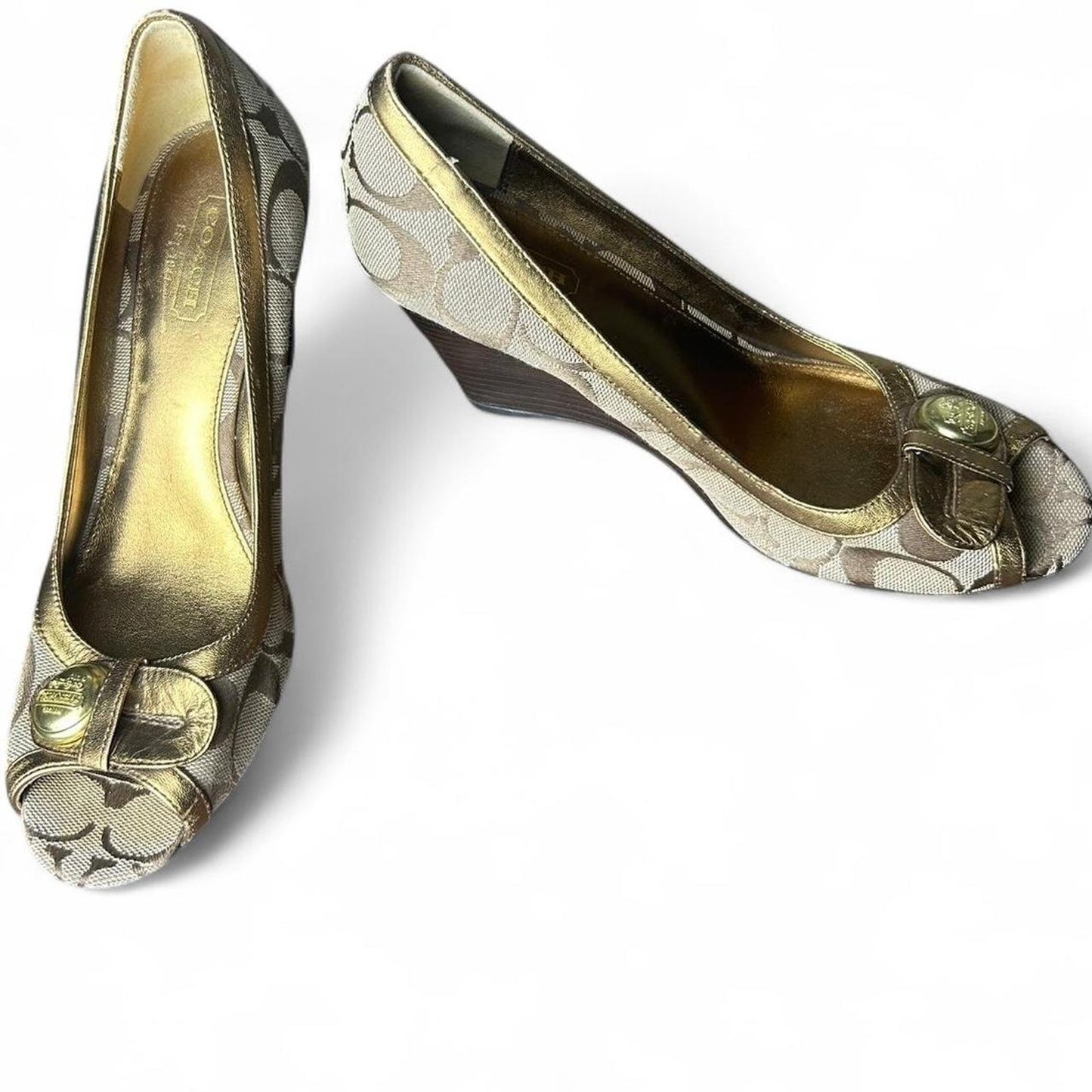 Gold coach monogram wedge heels