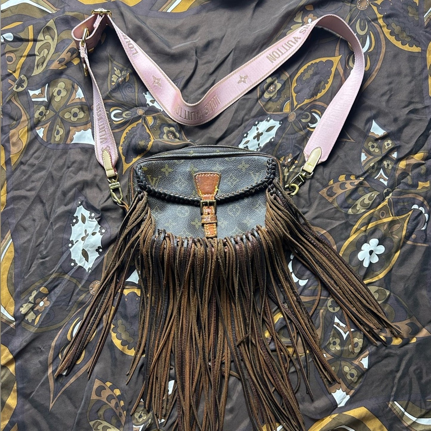 Upcycled Vintage Boho Brown Jeune Fille Fringe Louis Vuitton monogram leather