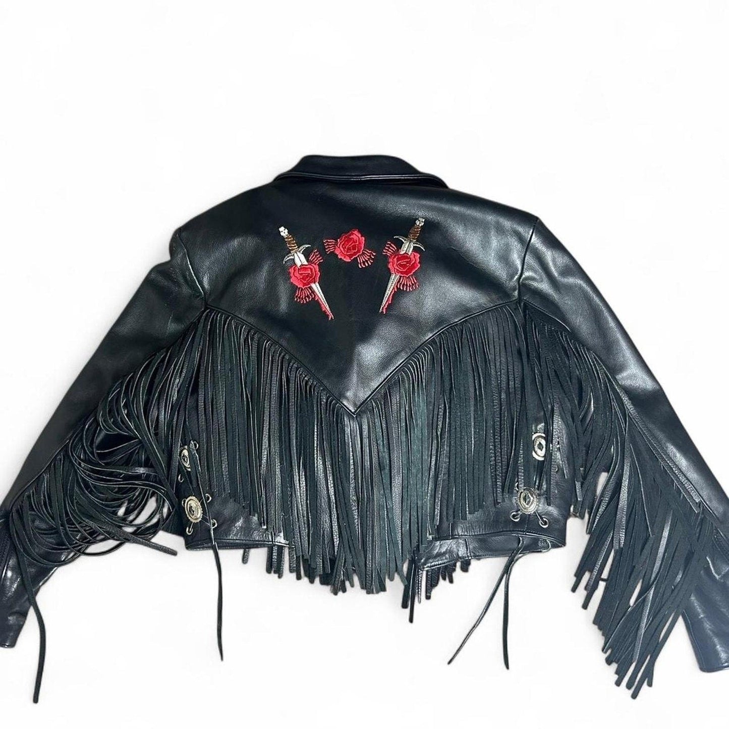 Black Leather Jacket with Red Rose Embroidery and Fringe - Vintage Harley Davidson Style