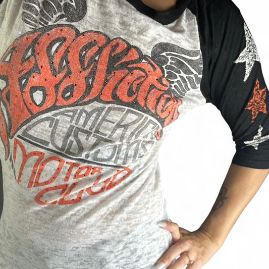 Grey and orange affliction raglan baseball tee