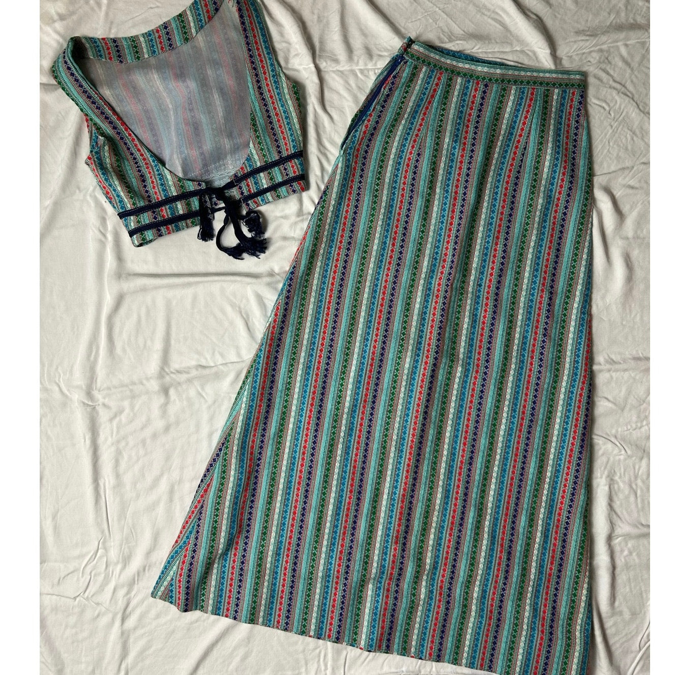 1970s tweed tie up vest and skirt combo size xxs