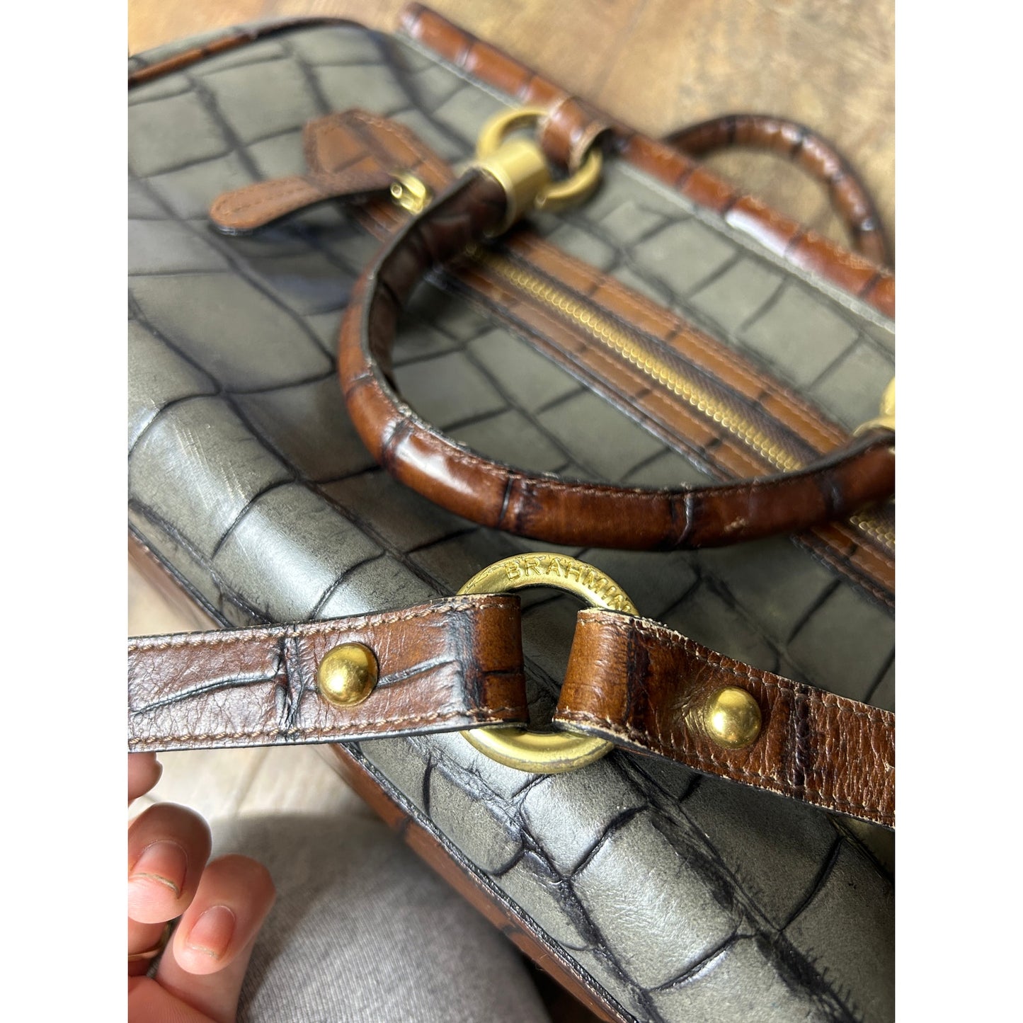 vintage brahmin nancy embossed crocstone gray and brown gold hardware