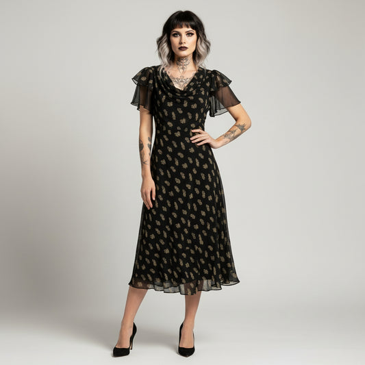 Black dress with gold floral pattern on a white background