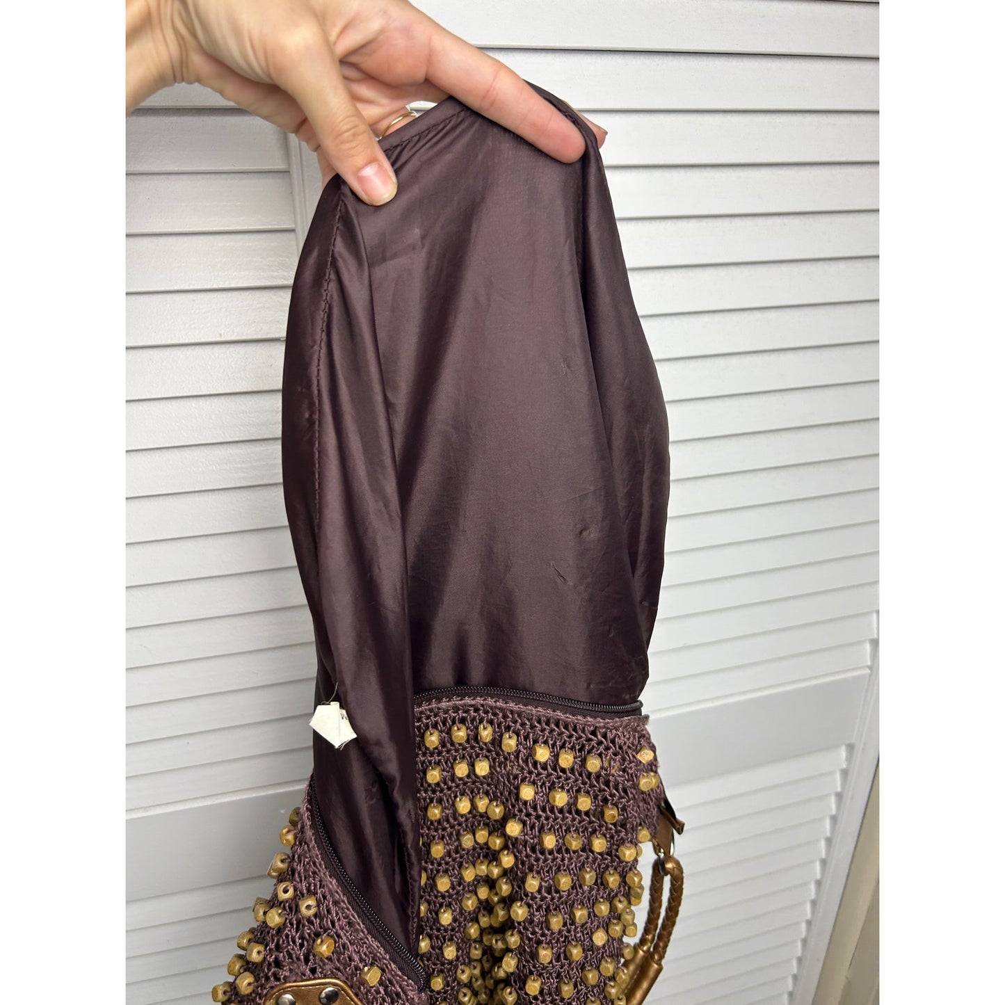 Boho Häkel-Einkaufstasche Holzperlen-Shopper braun erdig Festival Beuteltasche