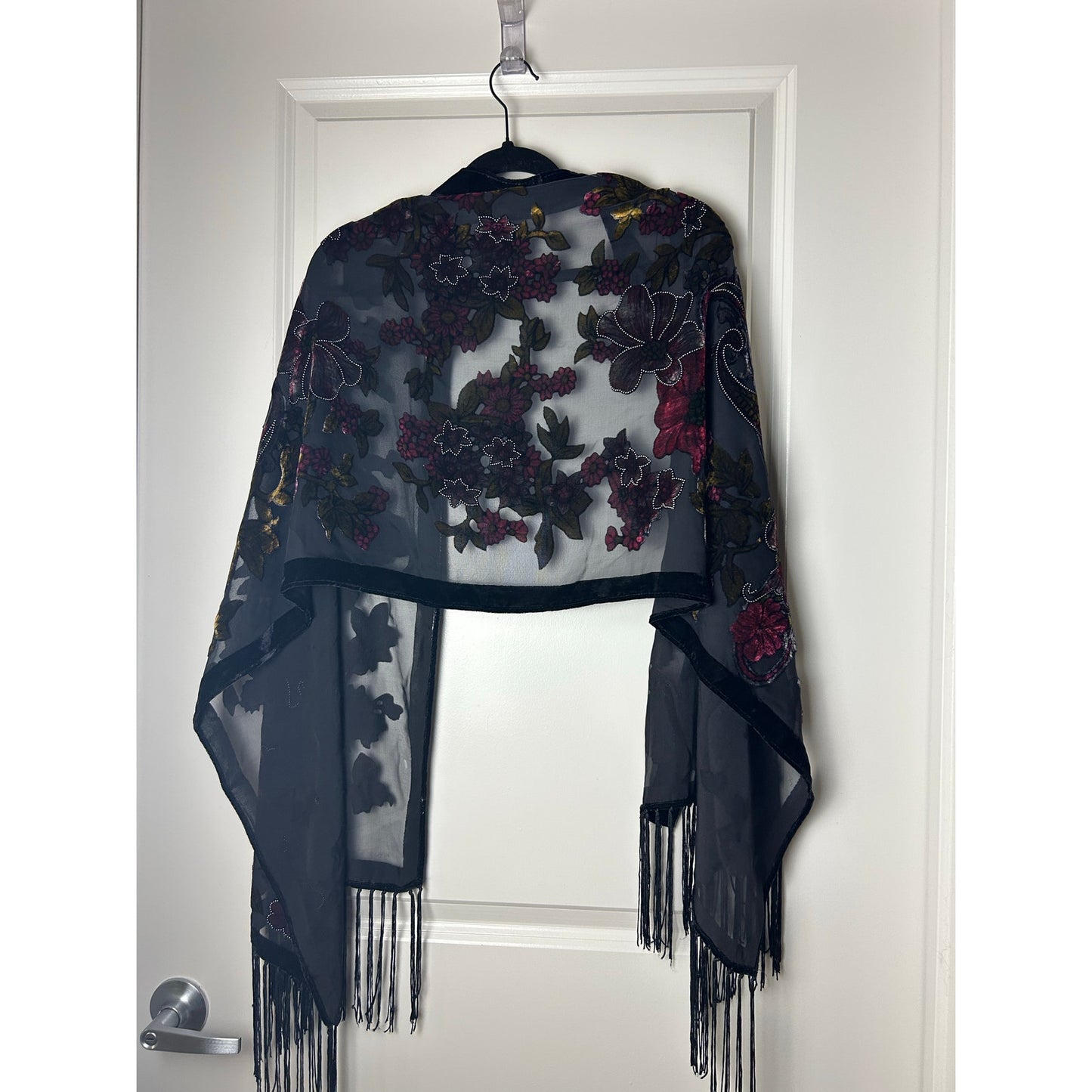 Velvet silk burnout scarf formal with fringe