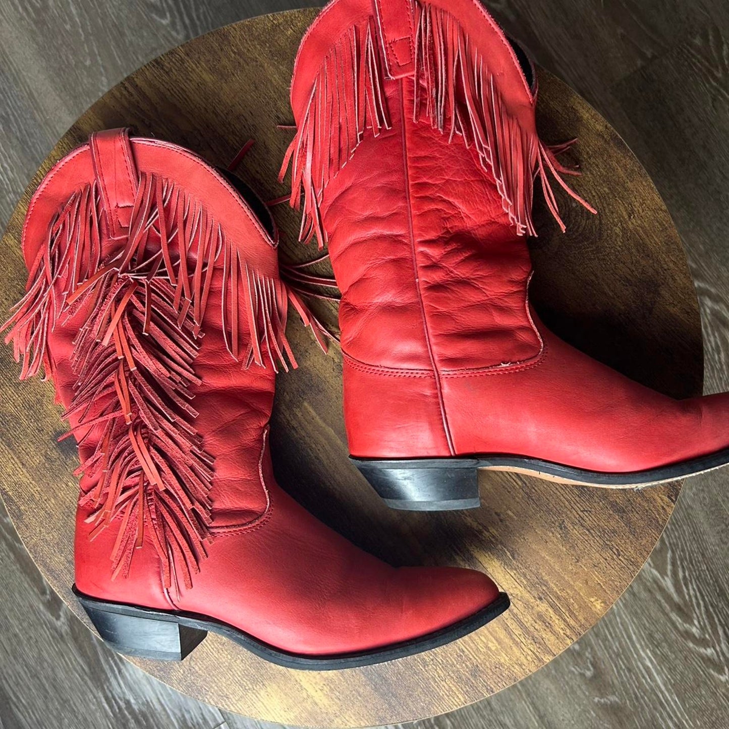 Red leather fringe boots