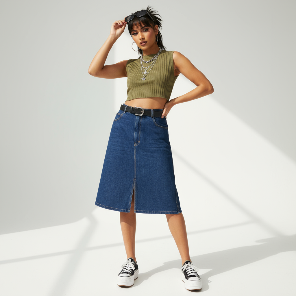 Gitano Knee Length Denim Skirt on Model