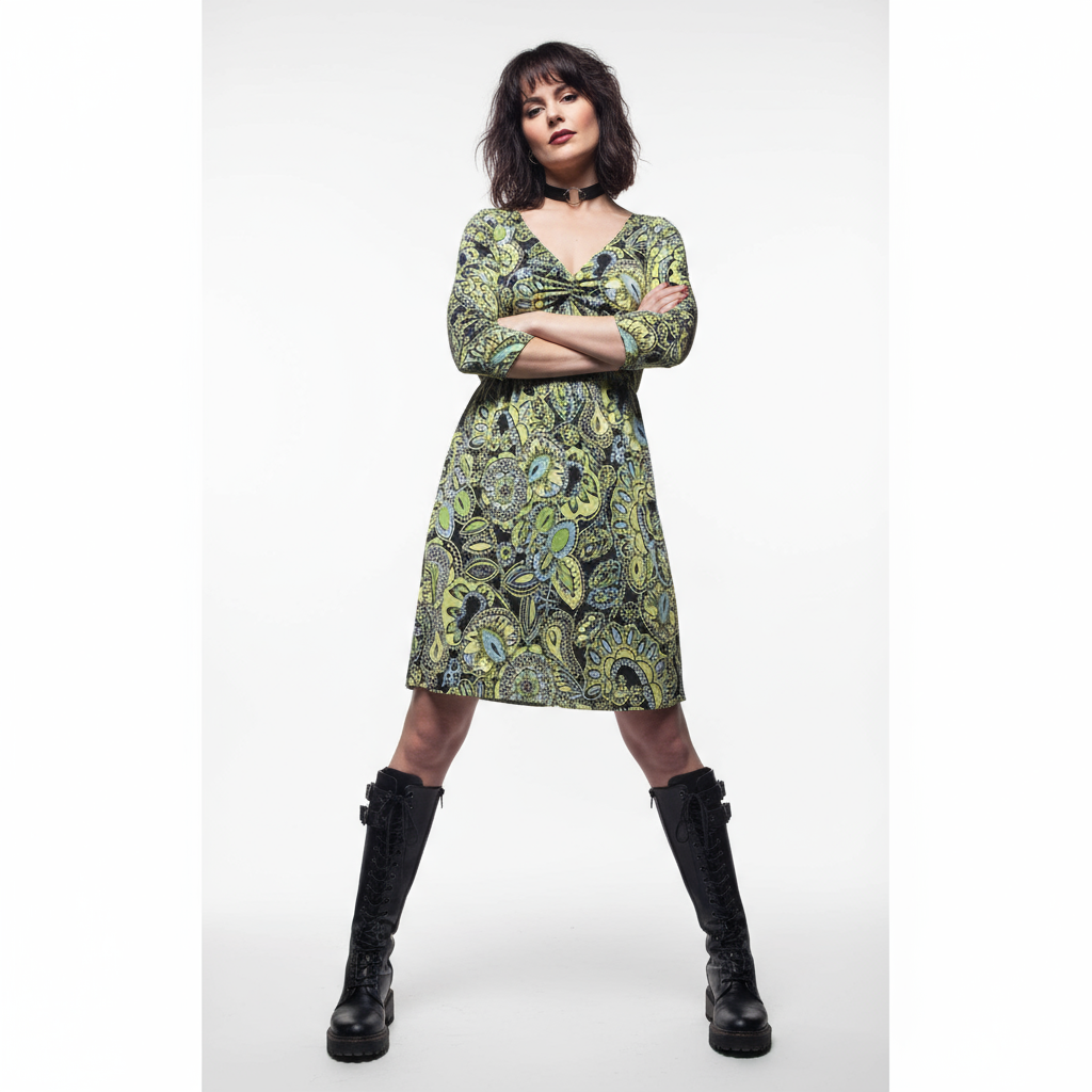 Green Sigrid Olsen dress modeled