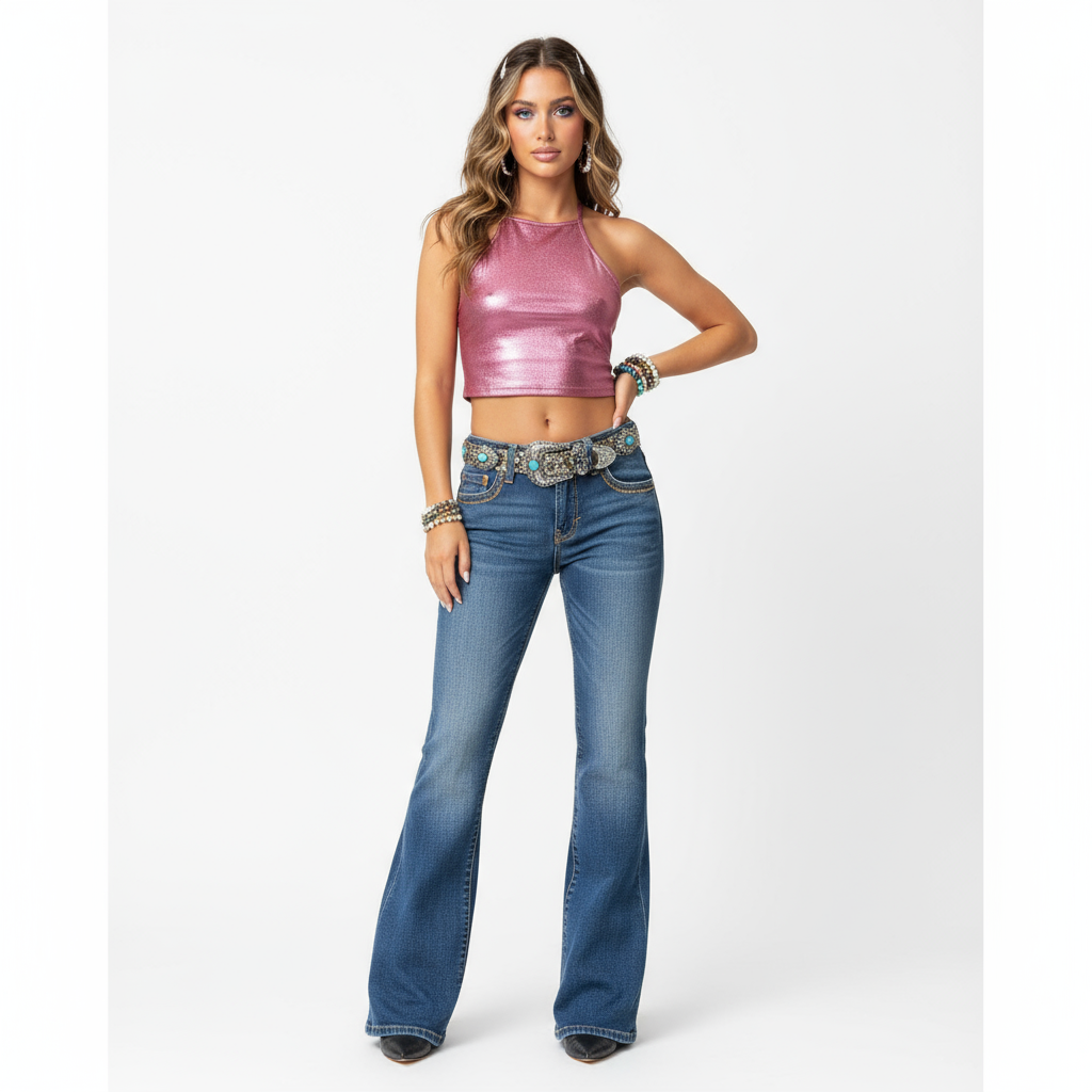 Low rise bootcut western jeans modeled