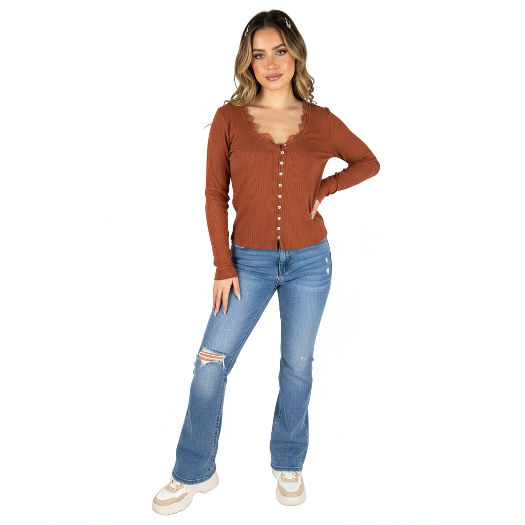 Orange and brown lace henley top modeled