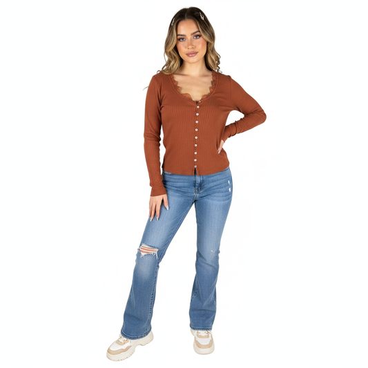 Orange and brown lace henley top modeled