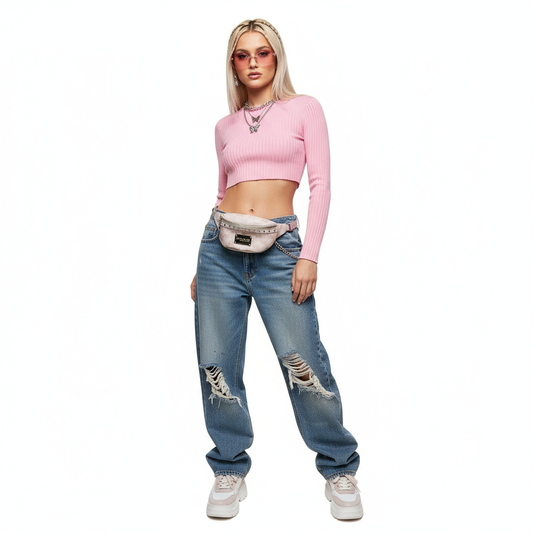 Pink Bebe monogram belt bag modeled