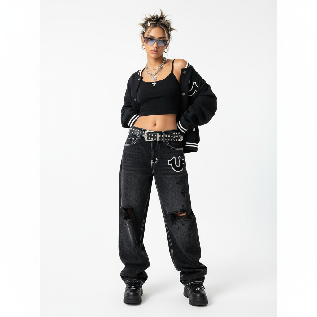 True Religion black jeans modeled