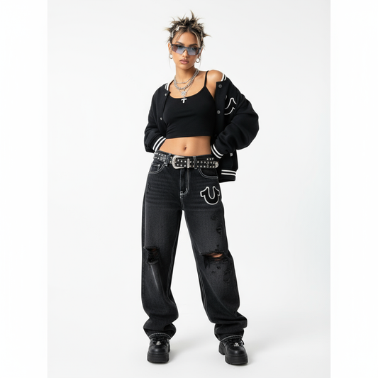 True Religion black jeans modeled