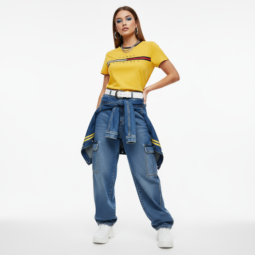Yellow and blue Tommy Hilfiger outfit modeled