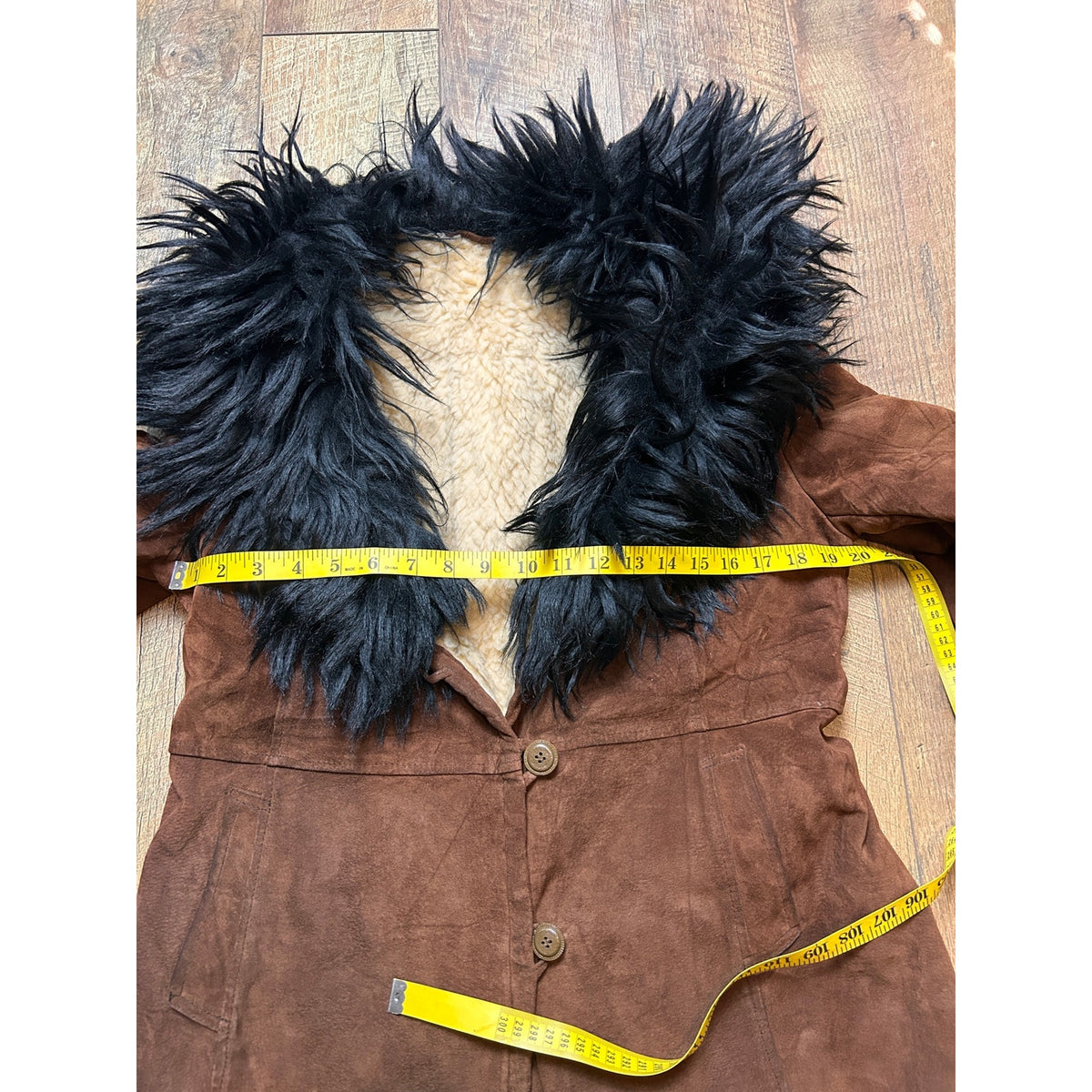 Vintage Penny Lane Coat Black & Tan Suede Faux Fur Trim 40” Chest 26” Length