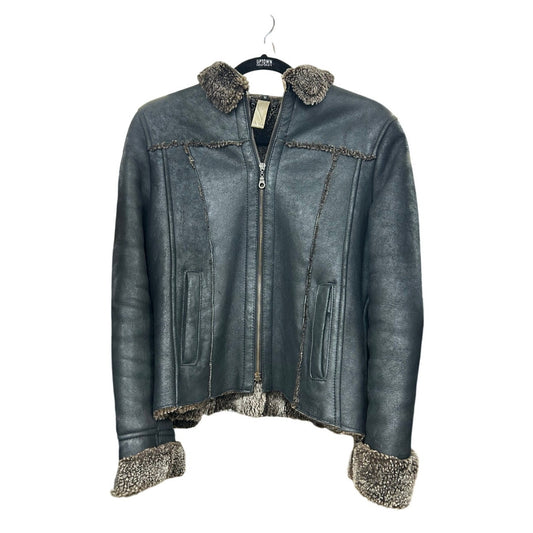 lamb black leather shearling lined zip up jacket size m