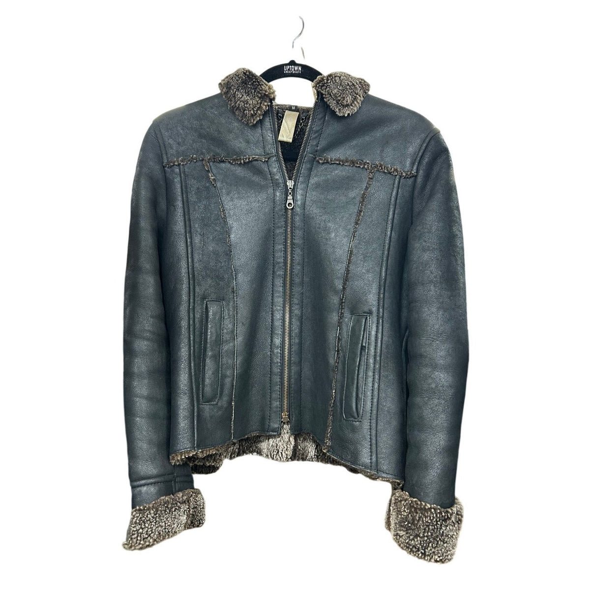 Vintage lamb black leather shearling lined zip up jacket size m