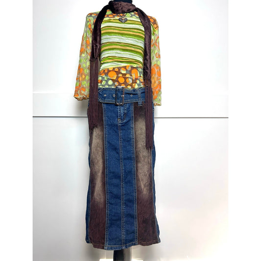 Euro Y2K it girl corduroy and denim belted skirt size large by new sensation