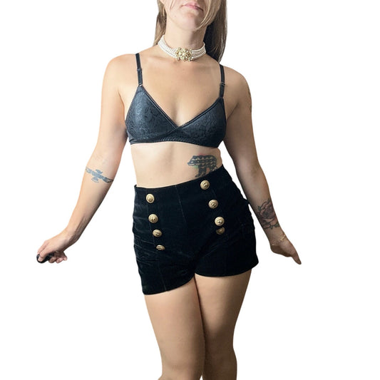 Vintage black velvet hot pants in size 3 with a cute sailor-inspired design