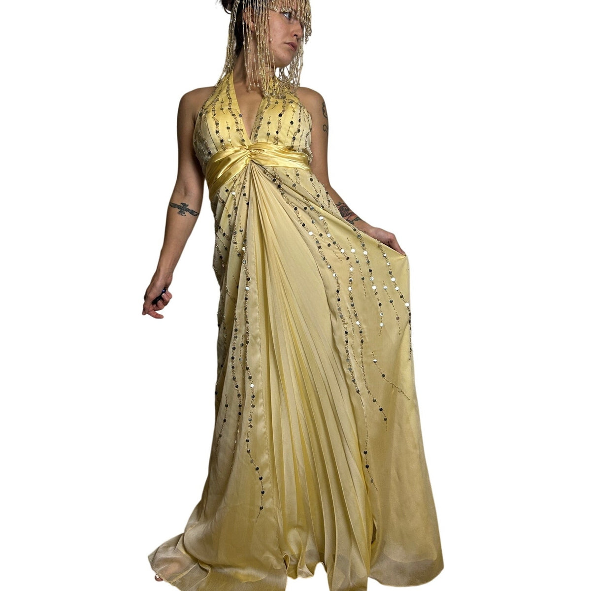 Y2K Gold Sequin Halter Dress Size 6 Formal Party Dress 2000s